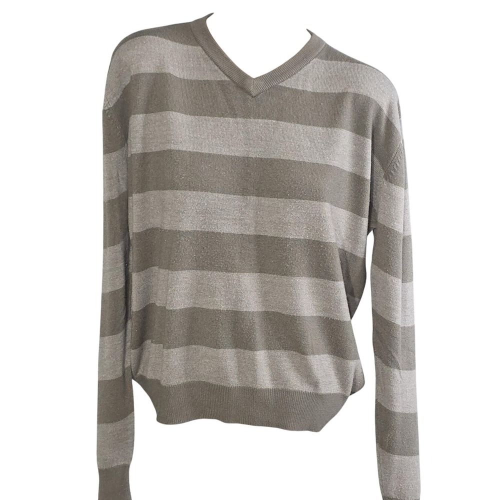 Zara Knit‎ Sweater Mens Small Gray Striped V Neck Cotton Lightweight Pullover